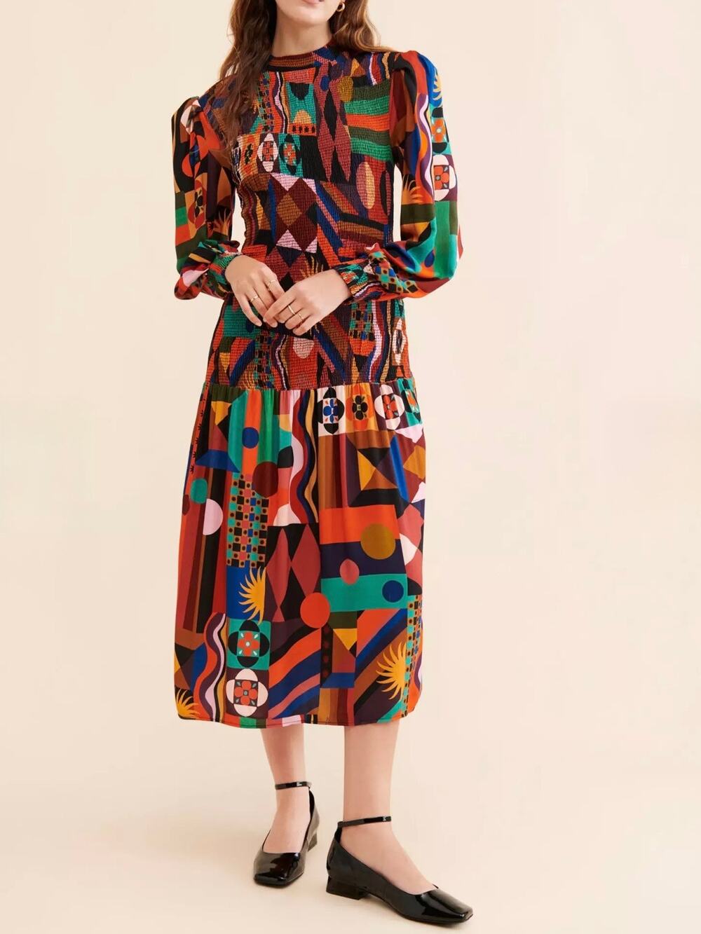 NWT Farm Rio Tropical Shapes Multicolor Smocked Midi Dress Size Large
